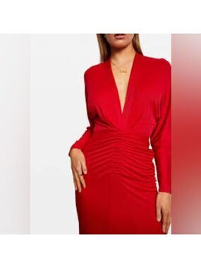 * Selina Red Viscose Crepe Jersey Deep V Neck Ruched Midi Dress Size 4